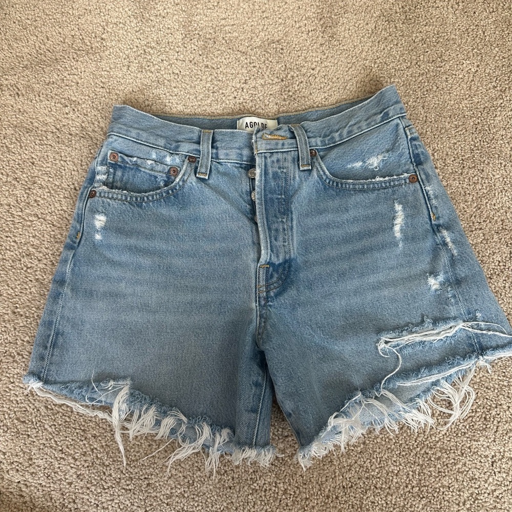 Agolde Light Wash Distressed Frayed Hem Denim Shorts